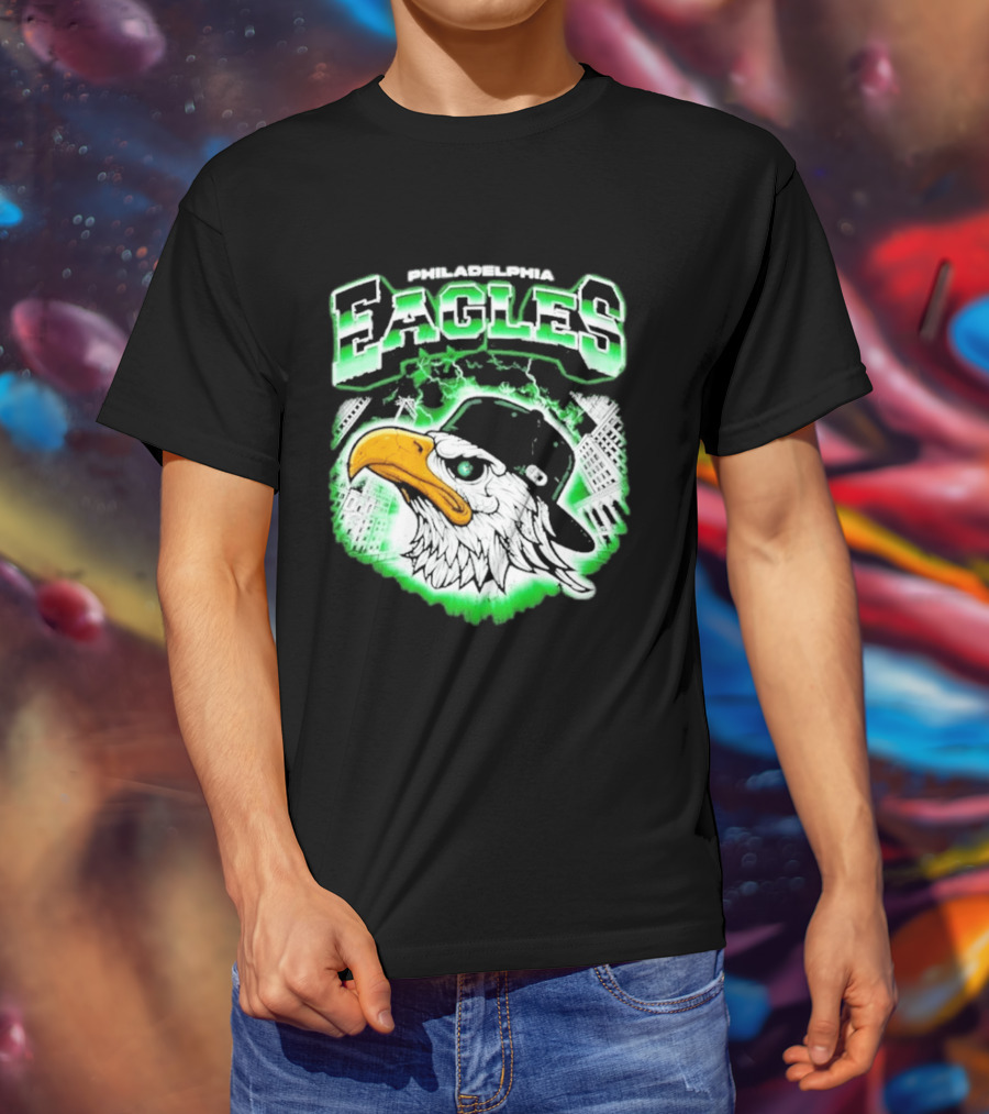 Philadelphia Eagles Mascot With Baseball Cap And City Skyline T-Shirt