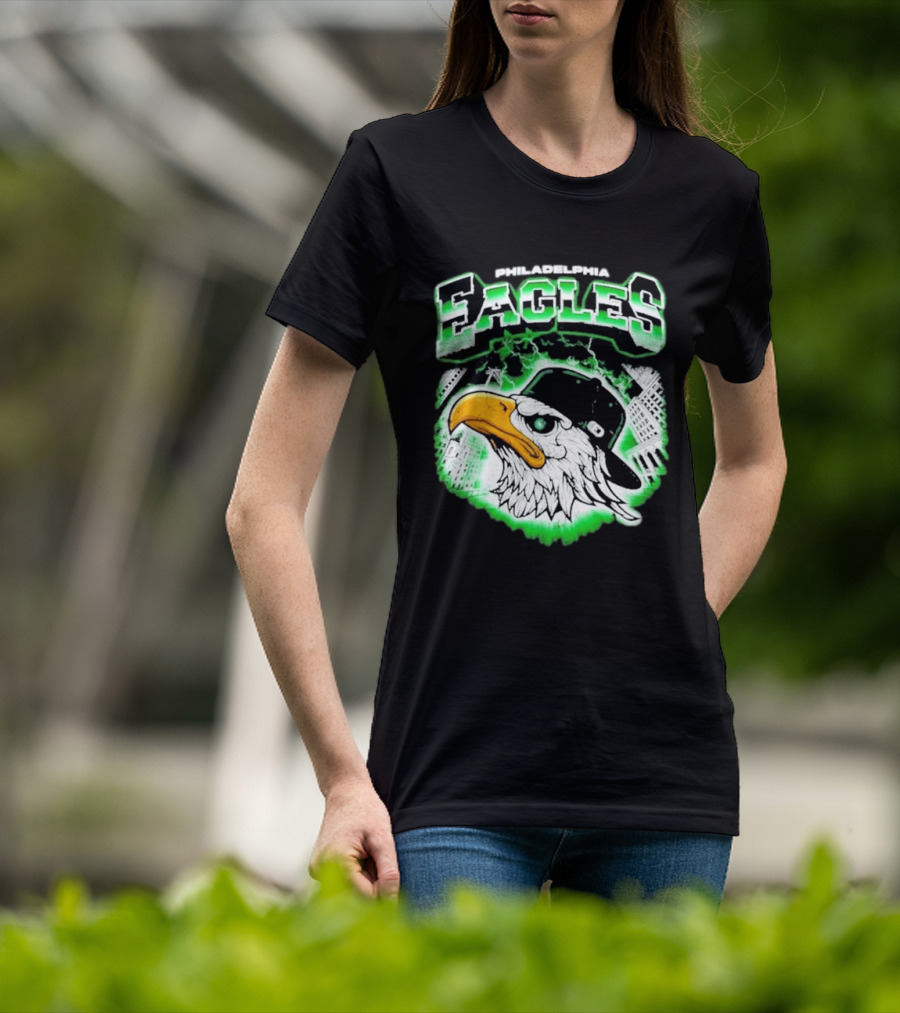 Philadelphia Eagles Mascot With Baseball Cap And City Skyline T-Shirt