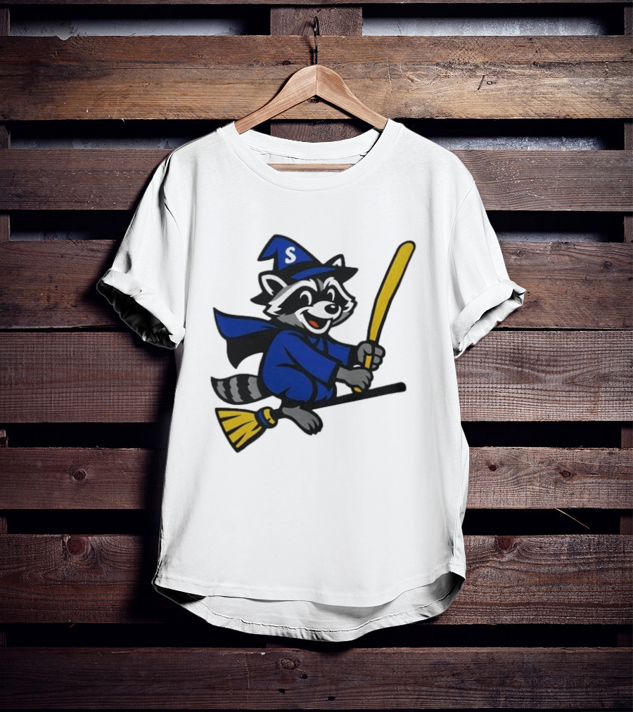 Seattle Mariners Jimothy The Etsy Witch Raccoon Flying Broomstick T-Shirt