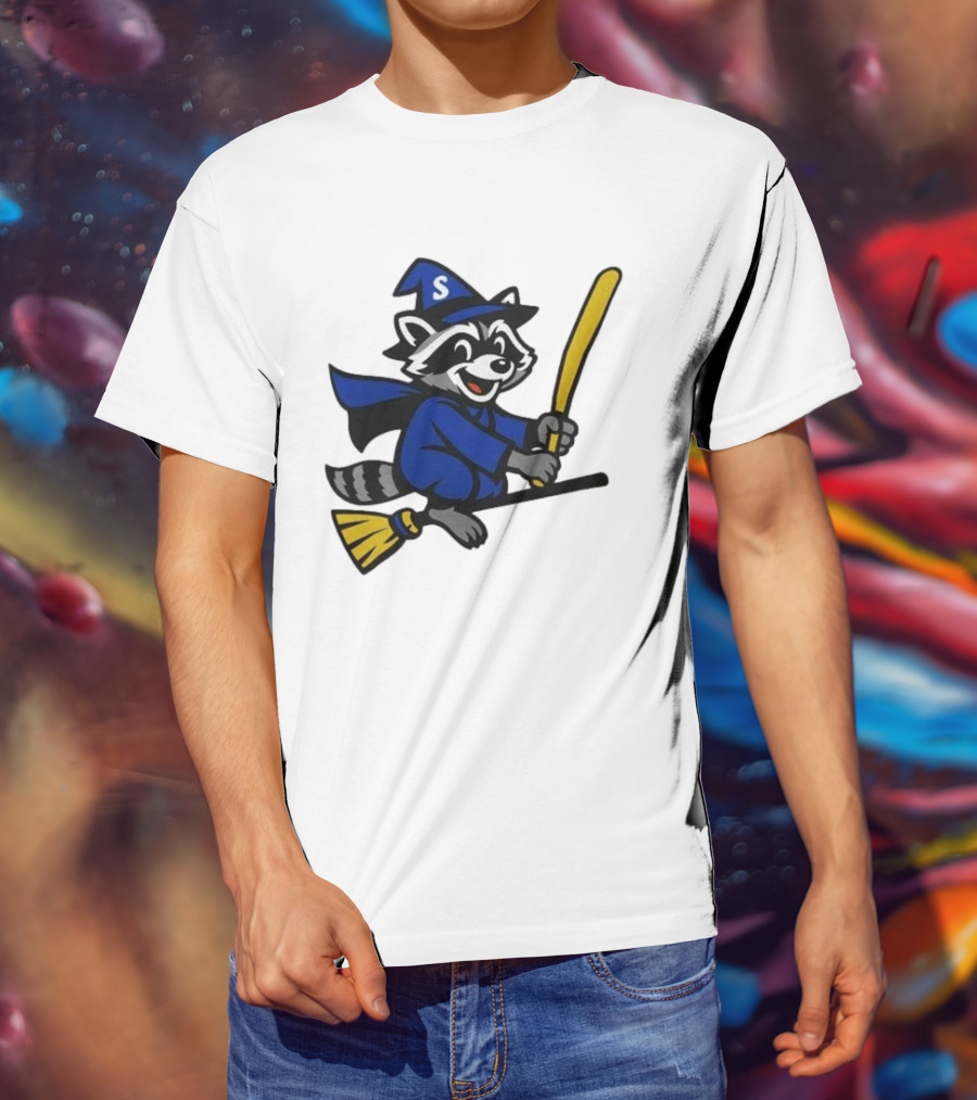 Seattle Mariners Jimothy The Etsy Witch Raccoon Flying Broomstick T-Shirt