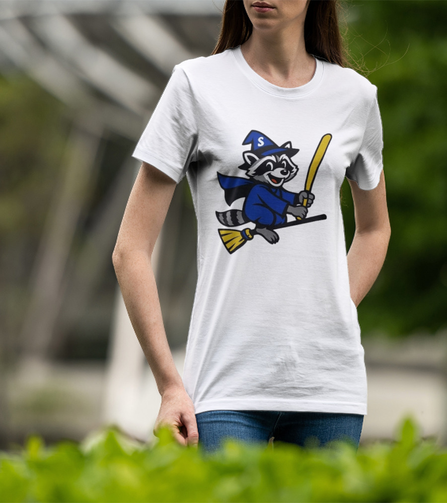 Seattle Mariners Jimothy The Etsy Witch Raccoon Flying Broomstick T-Shirt