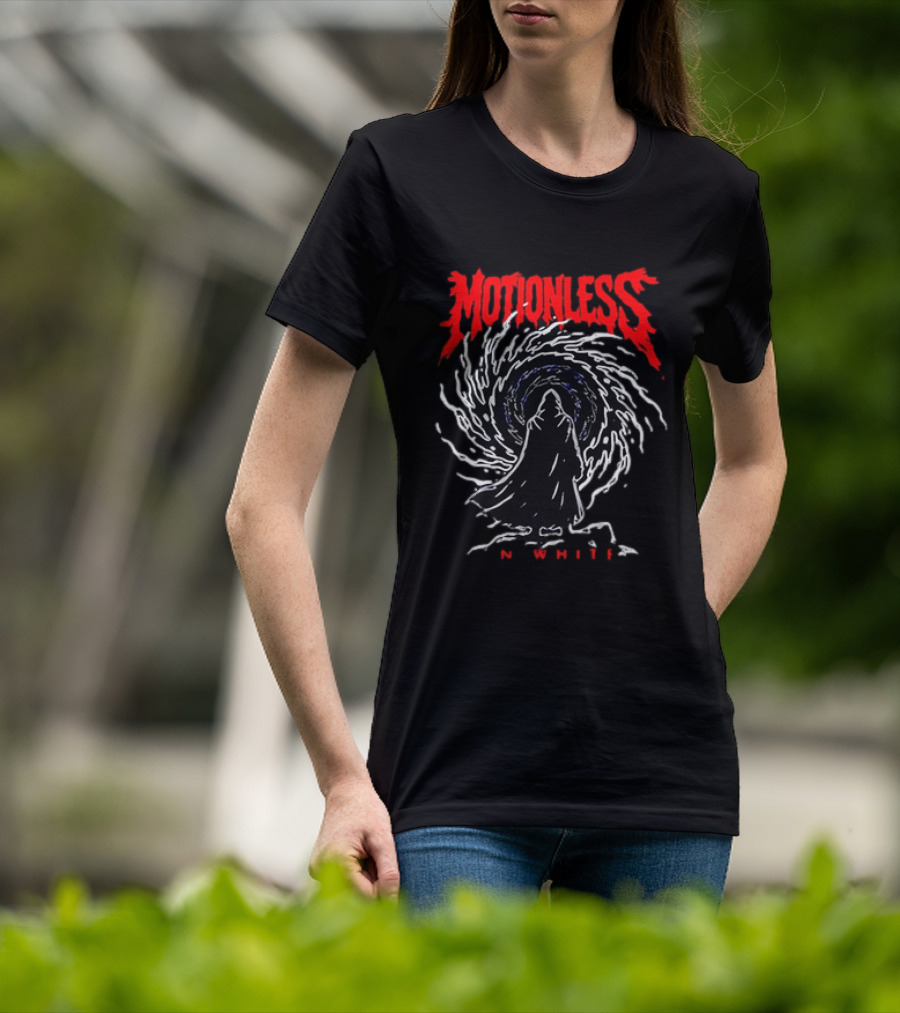 Motionless In White MIW The Sweat And Blood Tour 2026 Be Not Afraid Of The Dark Cloaked Figure Spiral T-Shirt
