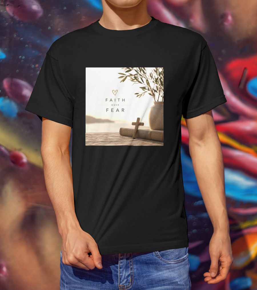Faith Over Fear Christian Cross Heart With Bible And Olive Branches T-Shirt