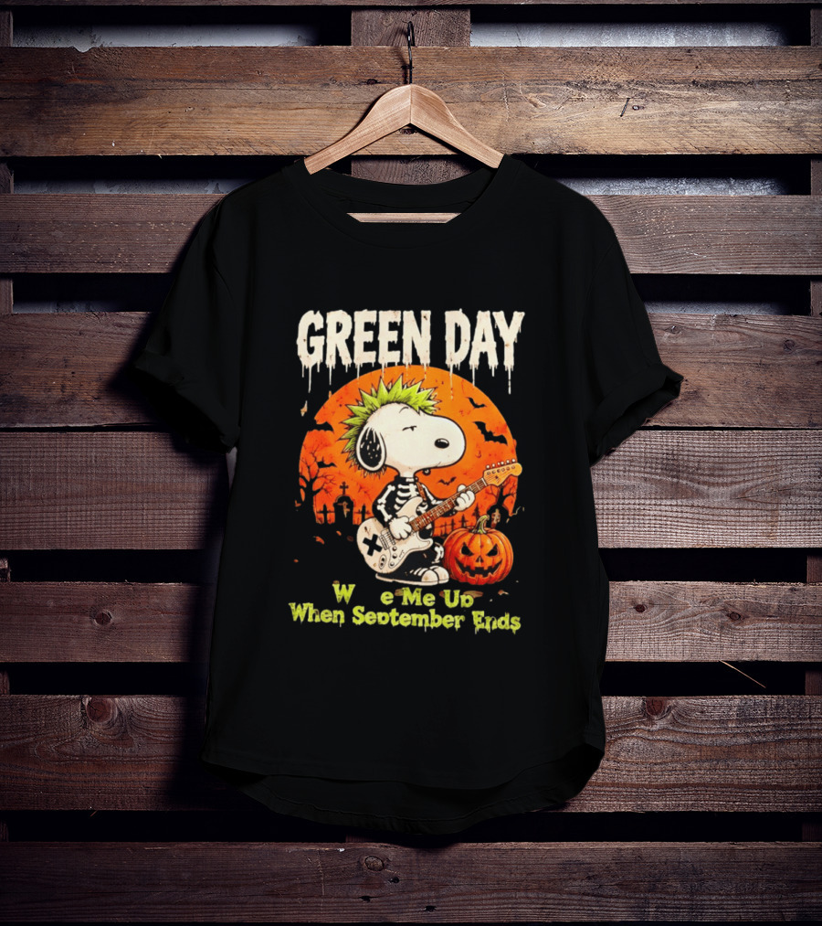 Green Day Snoopy Skeleton Guitar Wake Me Up When September Ends Halloween Pumpkin T-Shirt