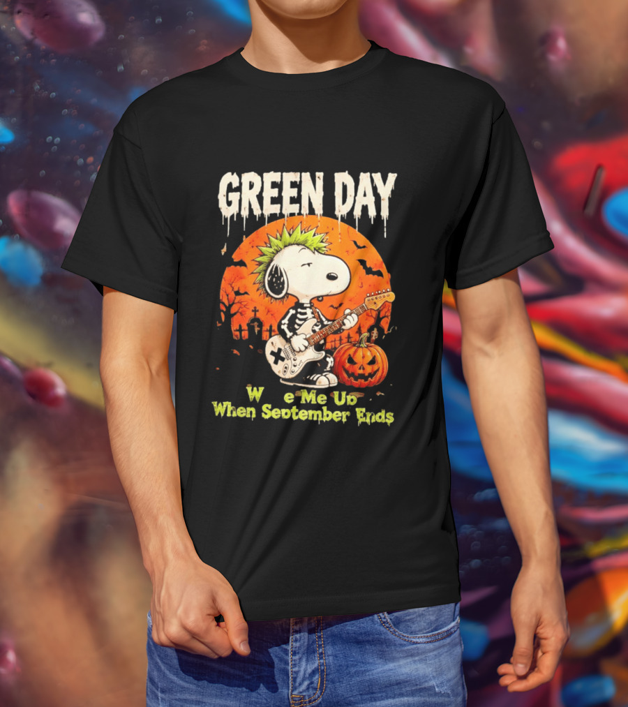 Green Day Snoopy Skeleton Guitar Wake Me Up When September Ends Halloween Pumpkin T-Shirt