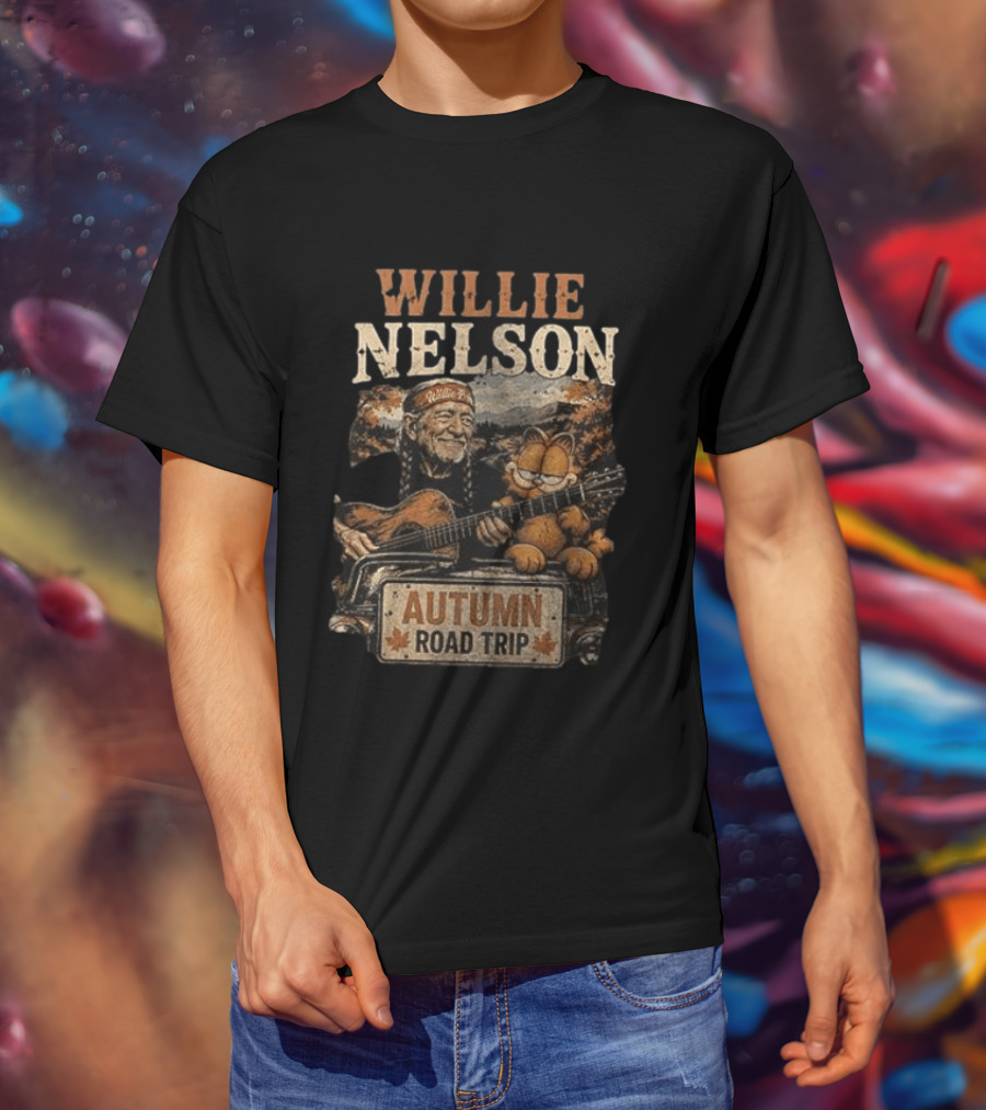 Willie Nelson Autumn Road Trip With Orange Cat T-Shirt