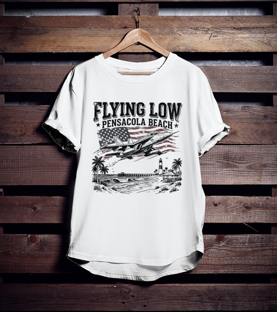 Flying Low Pensacola Beach American Flag Fighter Jet Scenic Beach View T-Shirt
