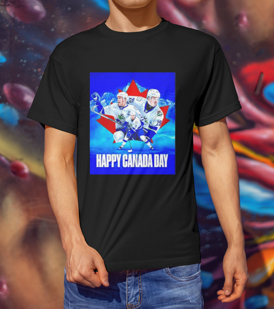 Abbotsford Canucks Happy Canada Day Celebration Collage With Hockey Players And Maple Leaf T-Shirt