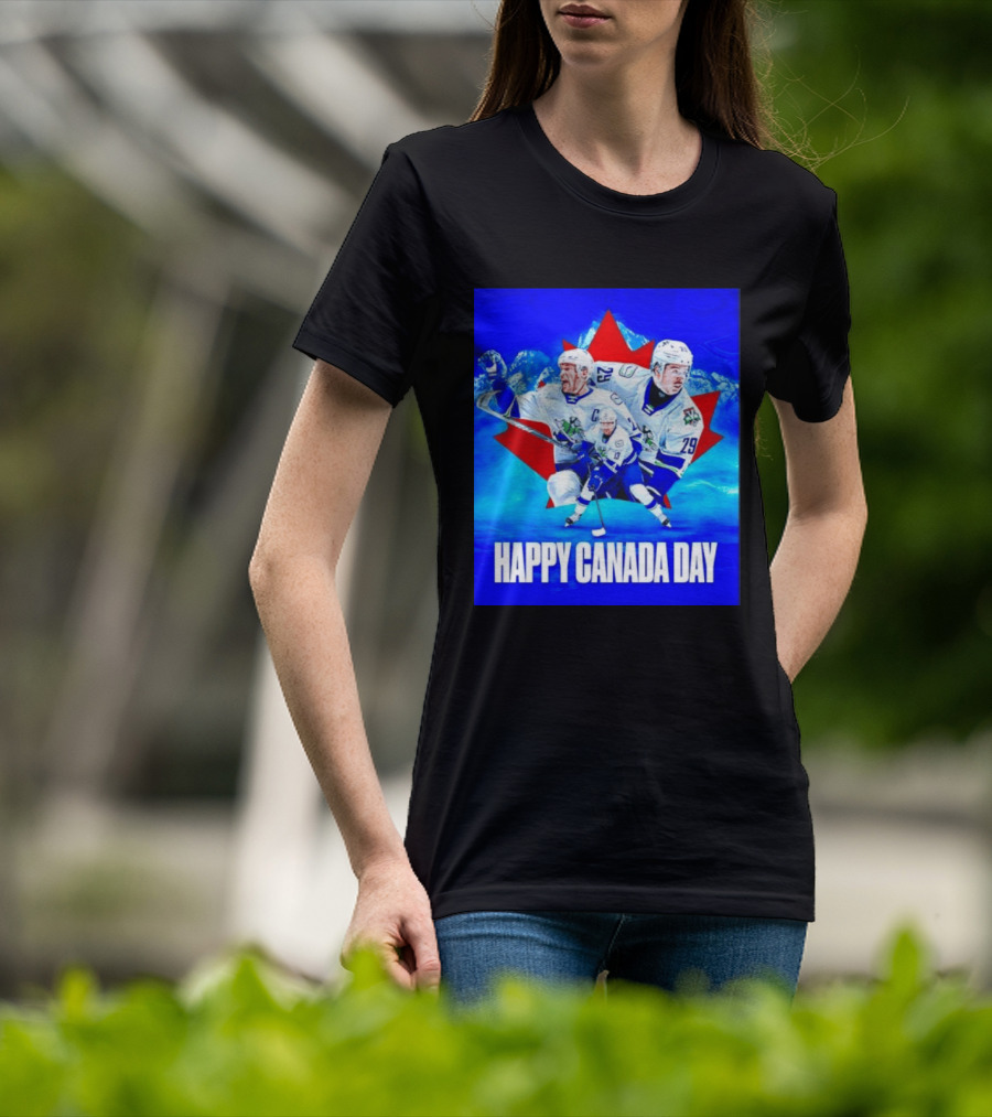 Abbotsford Canucks Happy Canada Day Celebration Collage With Hockey Players And Maple Leaf T-Shirt