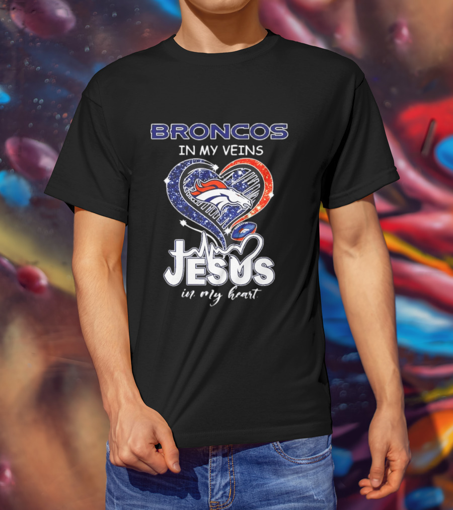 Denver Broncos In My Veins Heart Jesus In My Heart T-Shirt