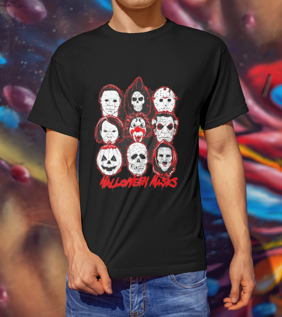 Horror Movie Characters Halloween Masks Skeleton Clown Jack O' Lantern T-Shirt