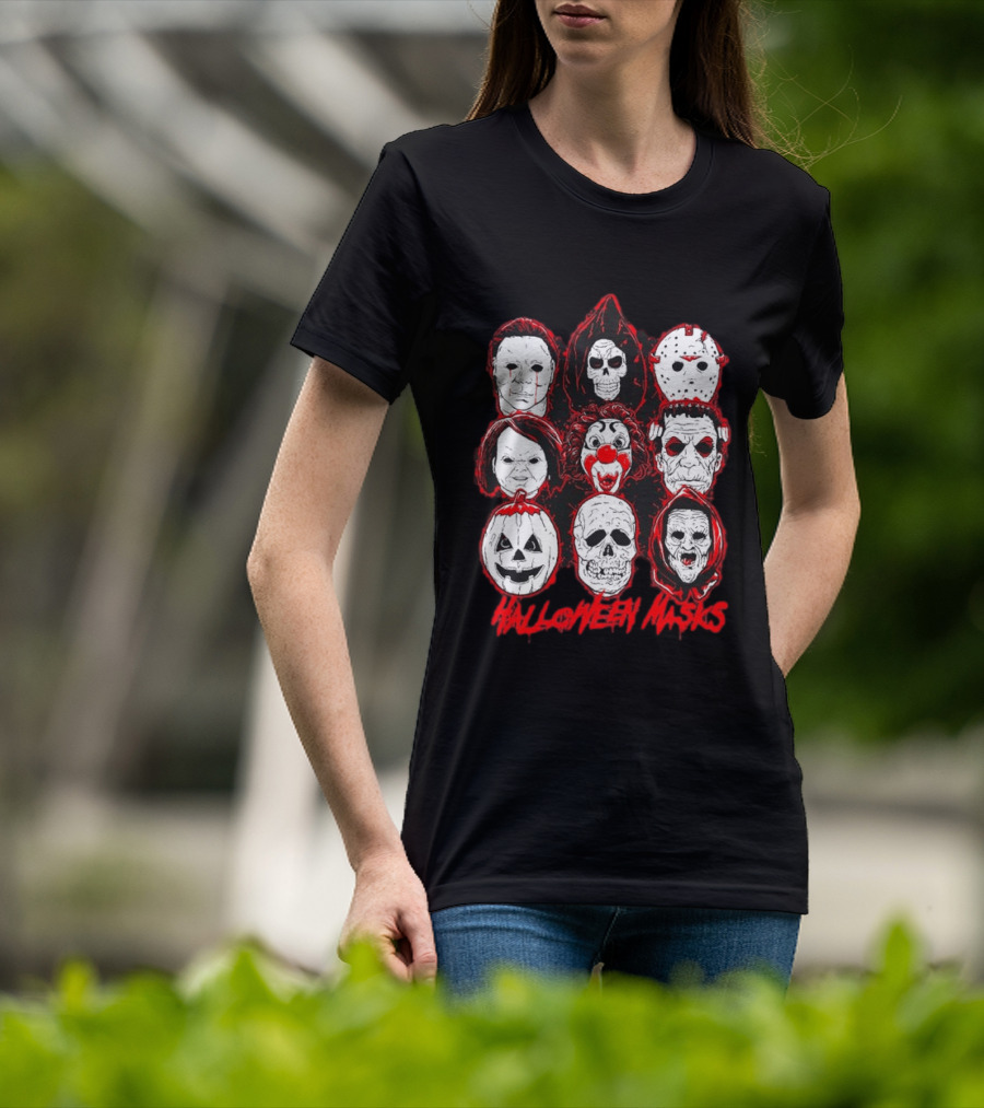 Horror Movie Characters Halloween Masks Skeleton Clown Jack O' Lantern T-Shirt