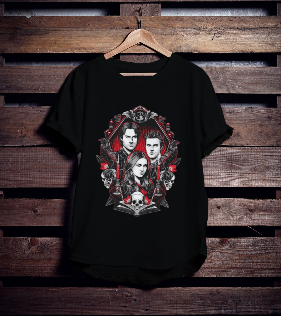 Vampire Blood The Vampire Diaries Damon Salvatore Stefan Salvatore Elena Gilbert Skull Candle Ravens T-Shirt
