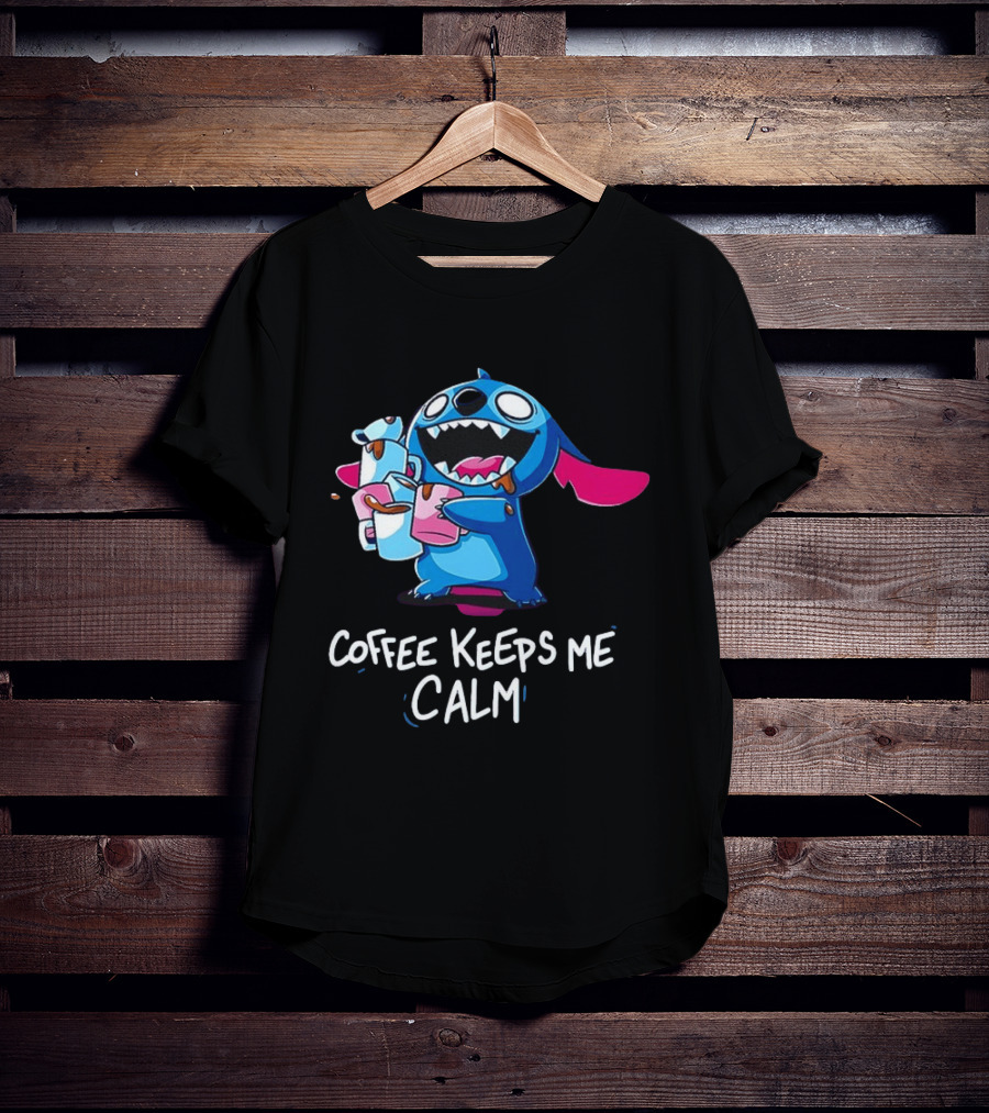 Stitch Coffee Keeps Me Calm Cute Character Drinking Coffee T-Shirt