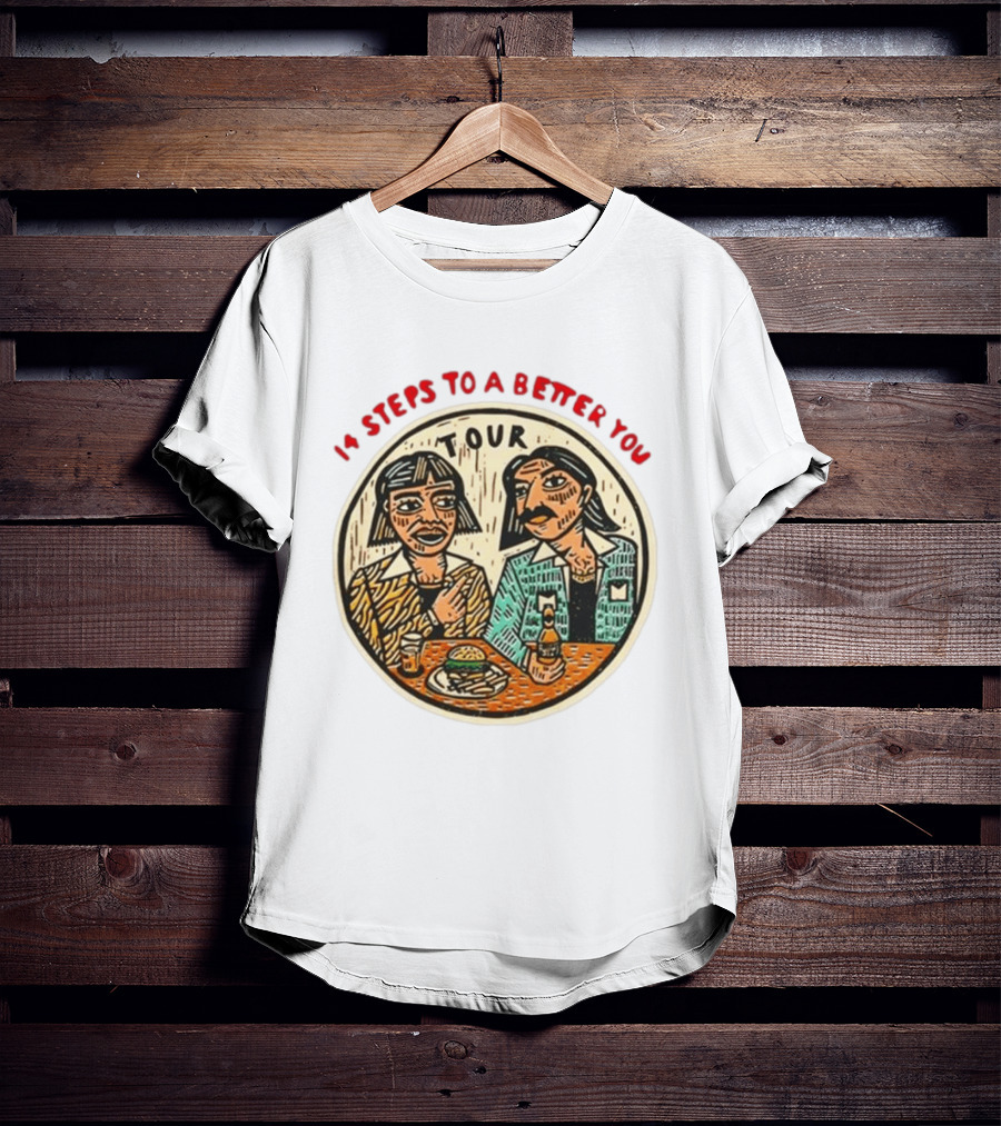 14 Steps To A Better You Tour Oval Illustration With Two Seated Individuals T-Shirt