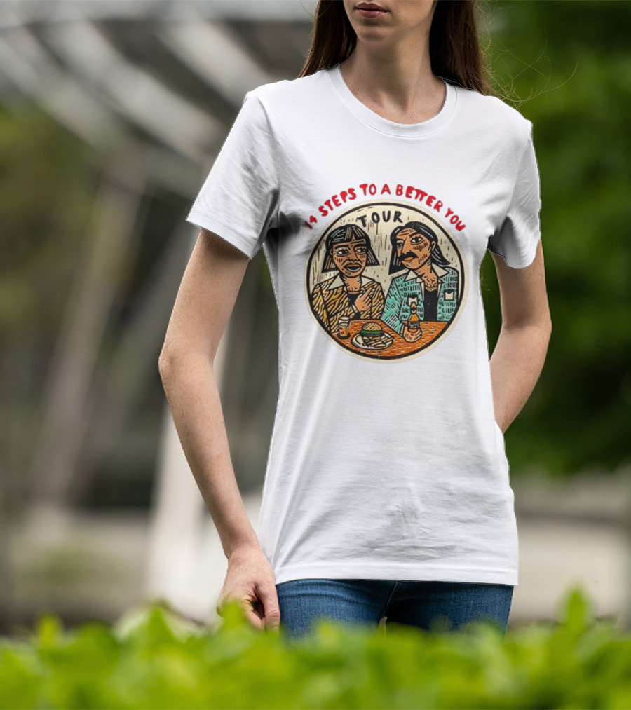14 Steps To A Better You Tour Oval Illustration With Two Seated Individuals T-Shirt