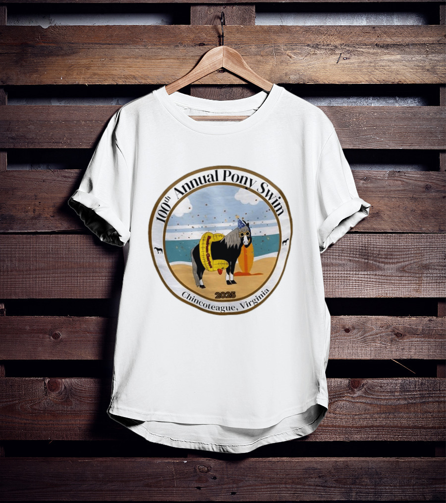 100th Annual Pony Swim Chincoteague Virginia 2025 Beach Scene With Pony And Surfboard T-Shirt