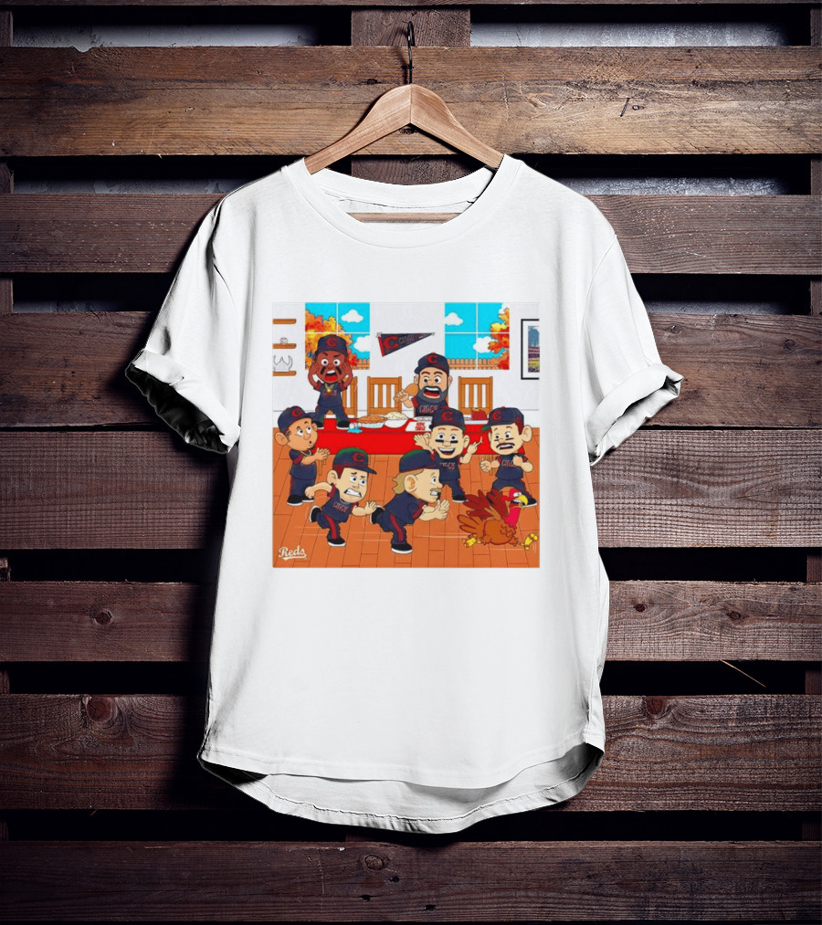 Cincinnati Reds Thanksgiving Chaos Cartoon Scene With Characters And Turkey T-Shirt
