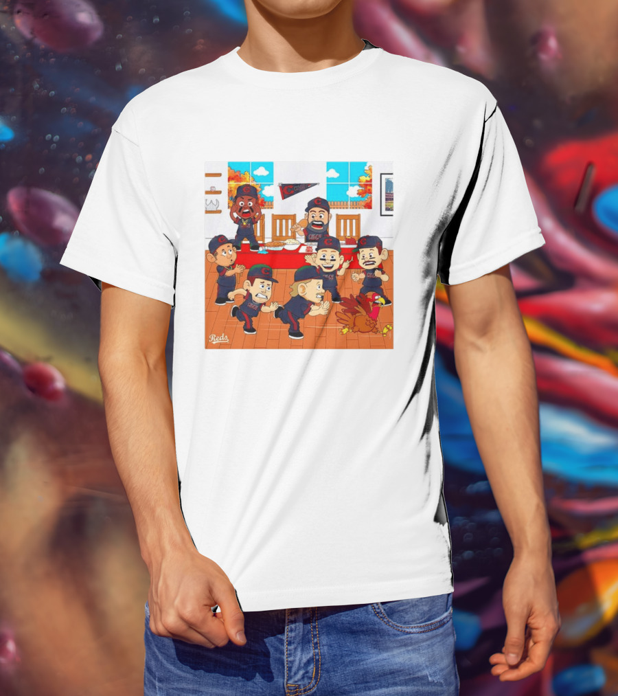 Cincinnati Reds Thanksgiving Chaos Cartoon Scene With Characters And Turkey T-Shirt