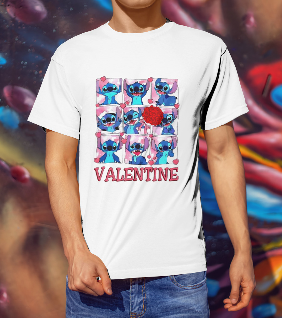 Disney Stitch Rose Flowers Valentine Love Hearts Happy Day T-Shirt