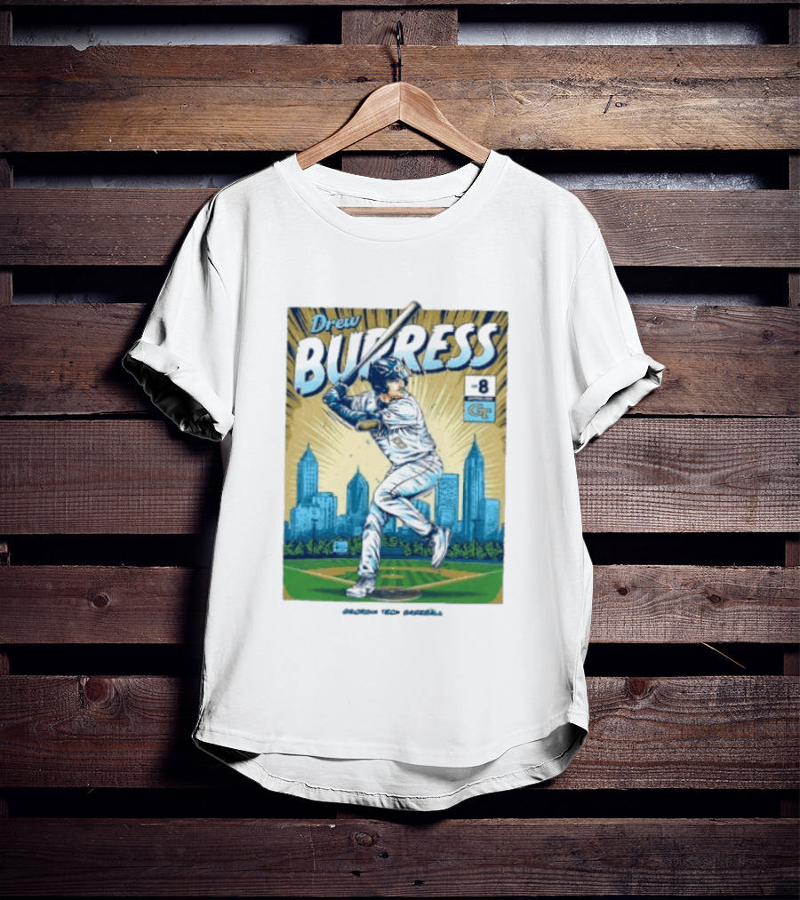 Drew Burress #8 Georgia Tech Baseball Comic Style Retro Cityscape T-Shirt