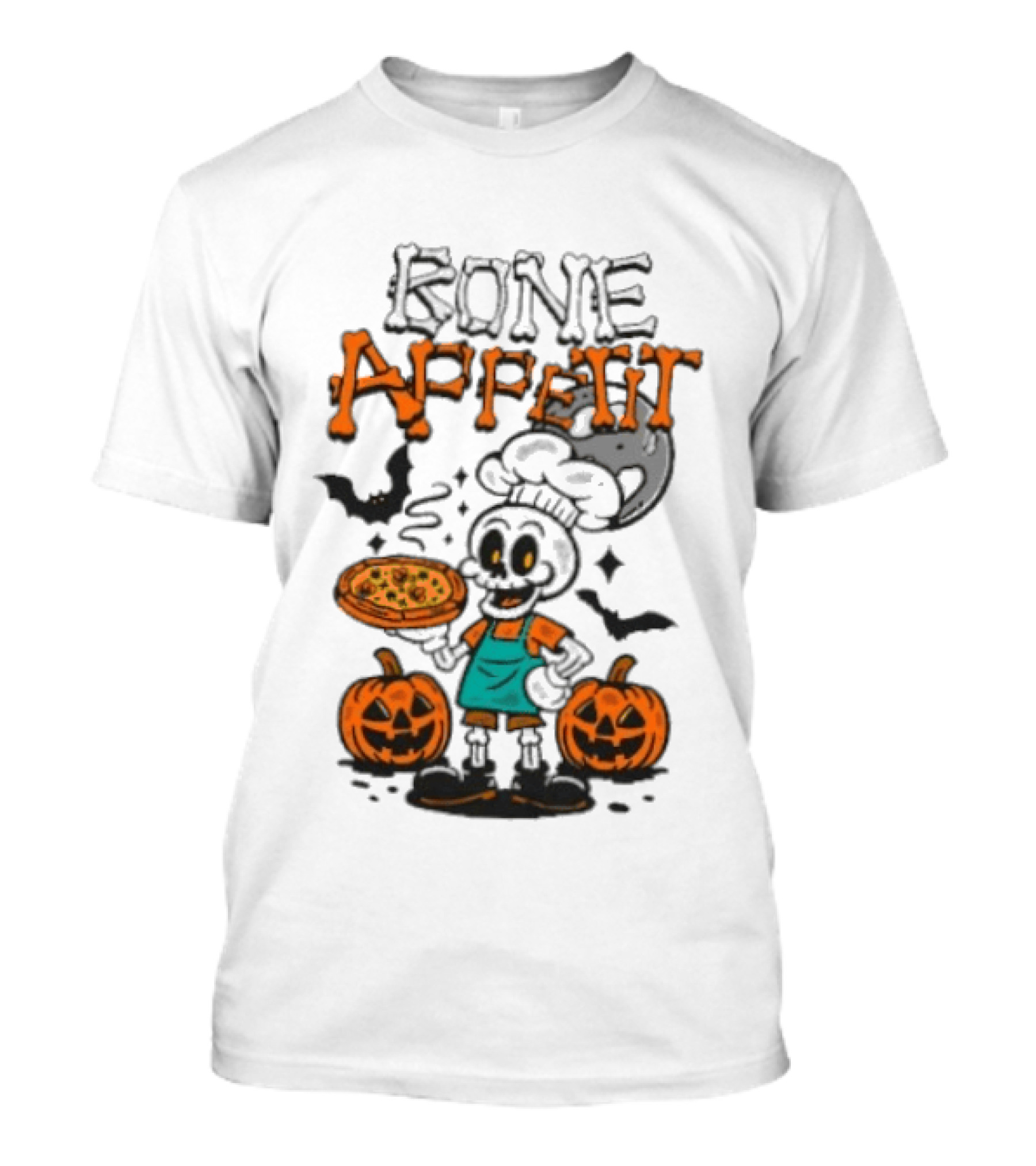 Bone Appetit Skeleton Chef Halloween Pizza Pumpkin Bats T-Shirt