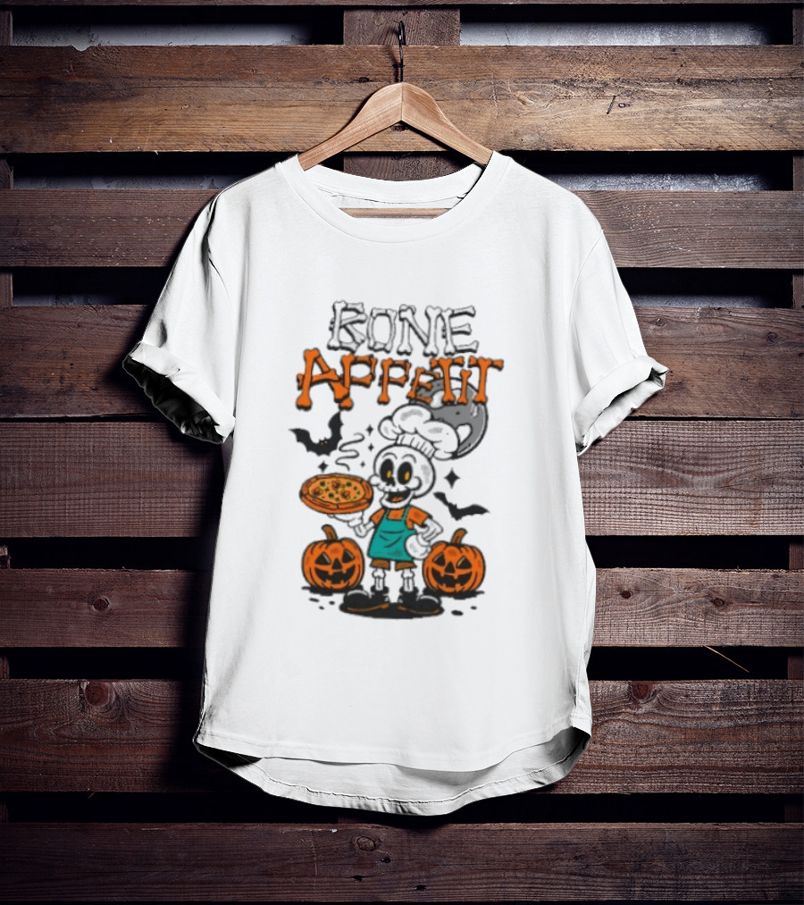 Bone Appetit Skeleton Chef Halloween Pizza Pumpkin Bats T-Shirt