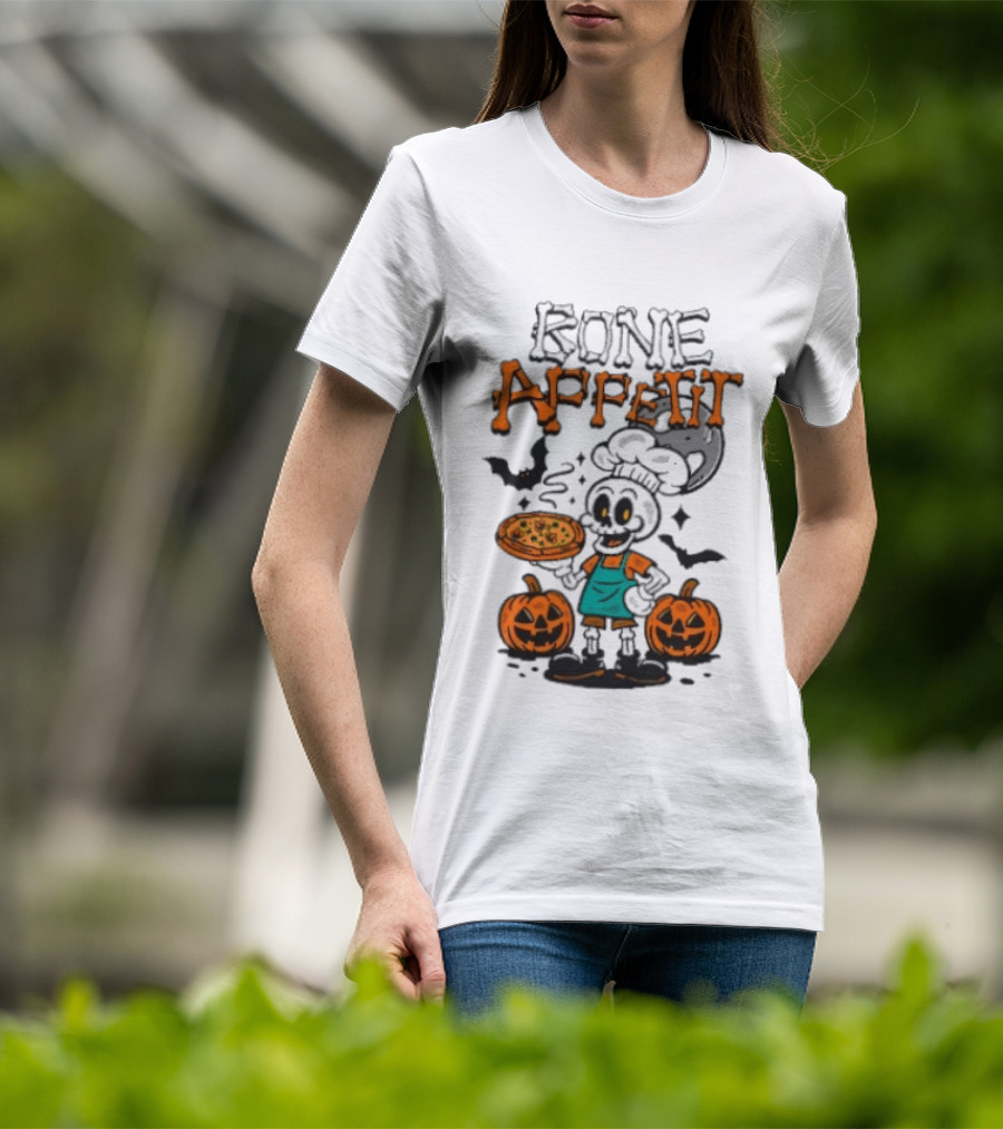 Bone Appetit Skeleton Chef Halloween Pizza Pumpkin Bats T-Shirt