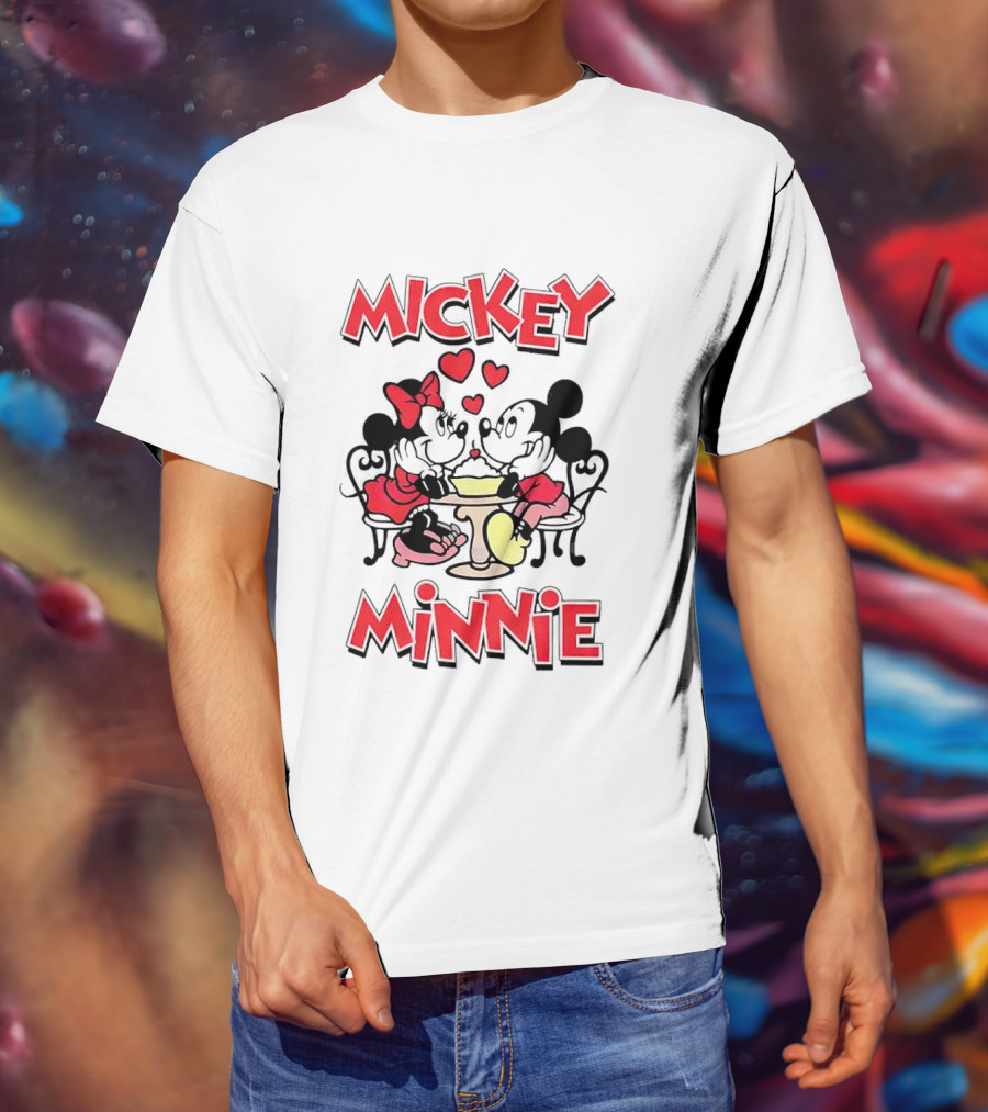 Mickey Minnie Romantic Valentine's Day Hearts And Cafe Scene T-Shirt