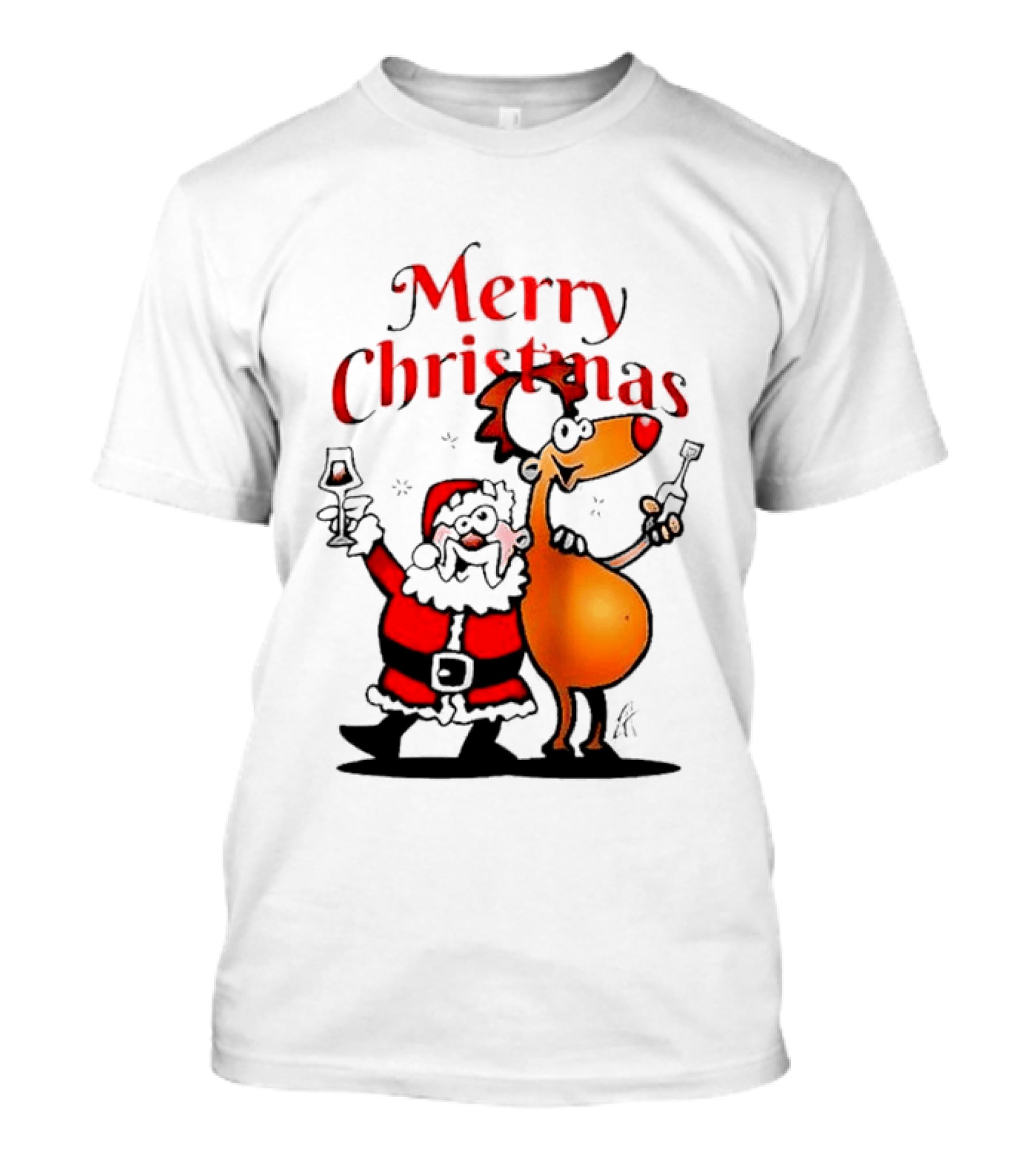 Merry Christmas Santa Claus And Reindeer Toast With Drinks T-Shirt