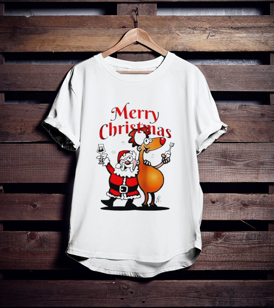Merry Christmas Santa Claus And Reindeer Toast With Drinks T-Shirt