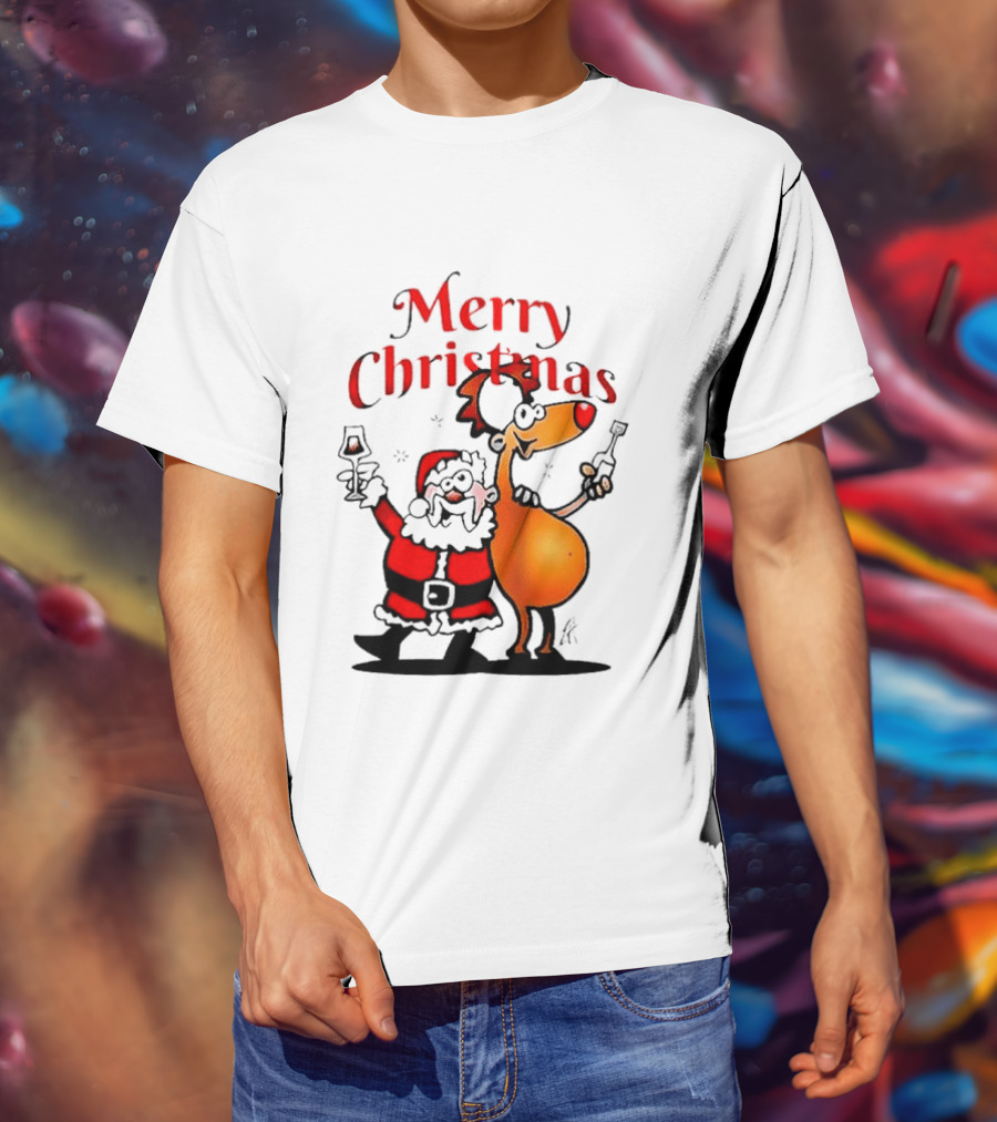 Merry Christmas Santa Claus And Reindeer Toast With Drinks T-Shirt