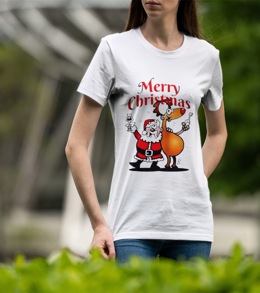 Merry Christmas Santa Claus And Reindeer Toast With Drinks T-Shirt