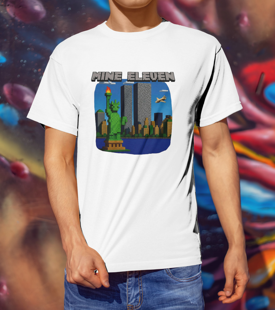 Mine Eleven Pixel City Statue Vector World Twin Towers Scene T-Shirt