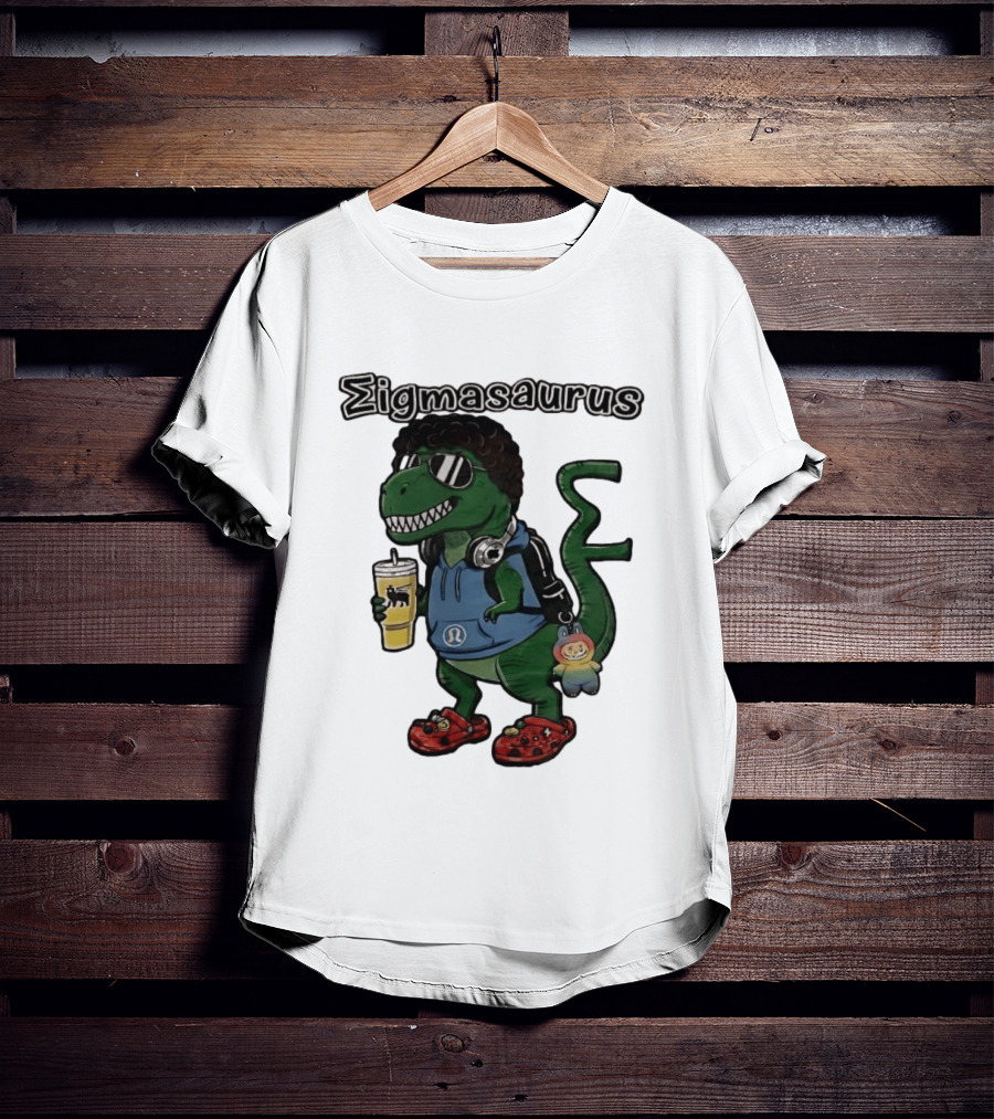 Sigmasaurus Rex Dinosaur Meme With Afro Sunglasses Headphones And Drink T-Shirt