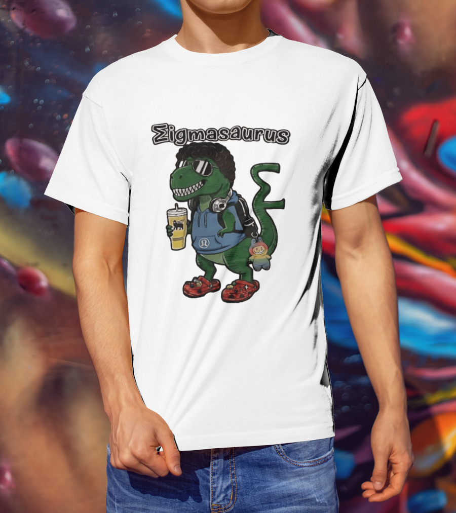 Sigmasaurus Rex Dinosaur Meme With Afro Sunglasses Headphones And Drink T-Shirt