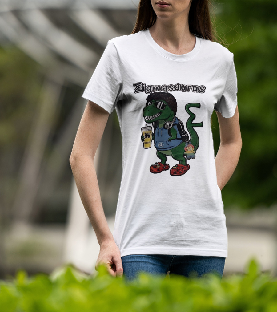 Sigmasaurus Rex Dinosaur Meme With Afro Sunglasses Headphones And Drink T-Shirt