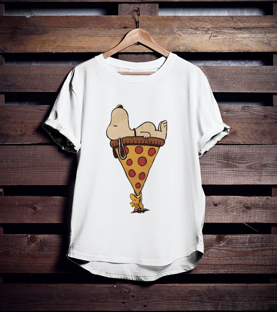 Snoopy Relaxing On Giant Pizza Slice With Woodstock Peanuts Collection T-Shirt