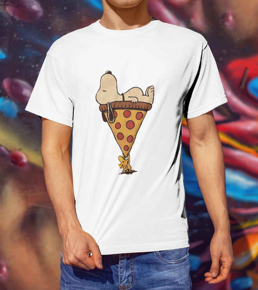 Snoopy Relaxing On Giant Pizza Slice With Woodstock Peanuts Collection T-Shirt
