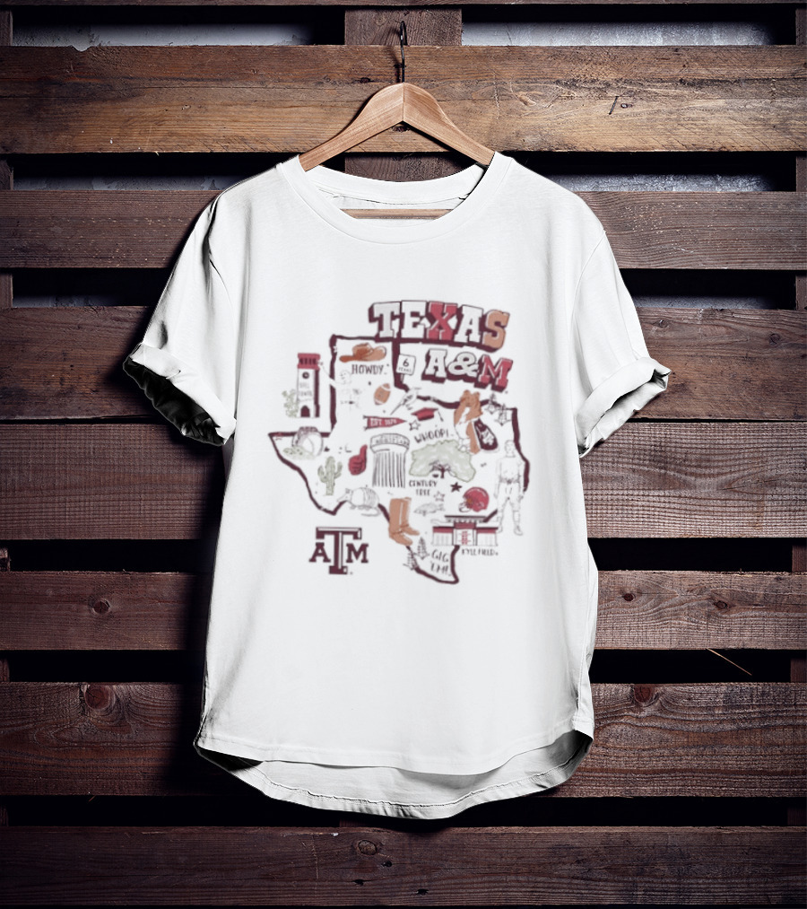 Texas A&M Aggies Map With Iconic Symbols And Landmarks T-Shirt