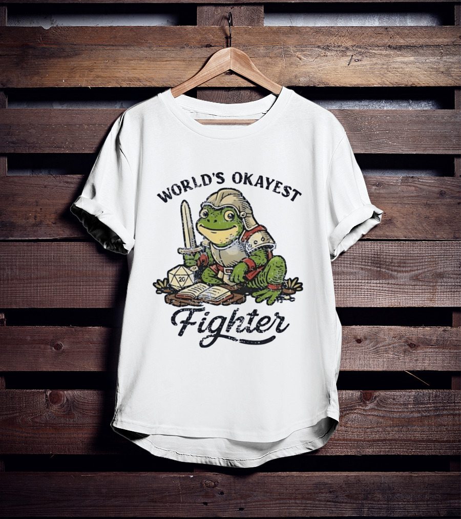 World's Okayest Fighter Frog In Armor With D20 Dice And Sword T-Shirt