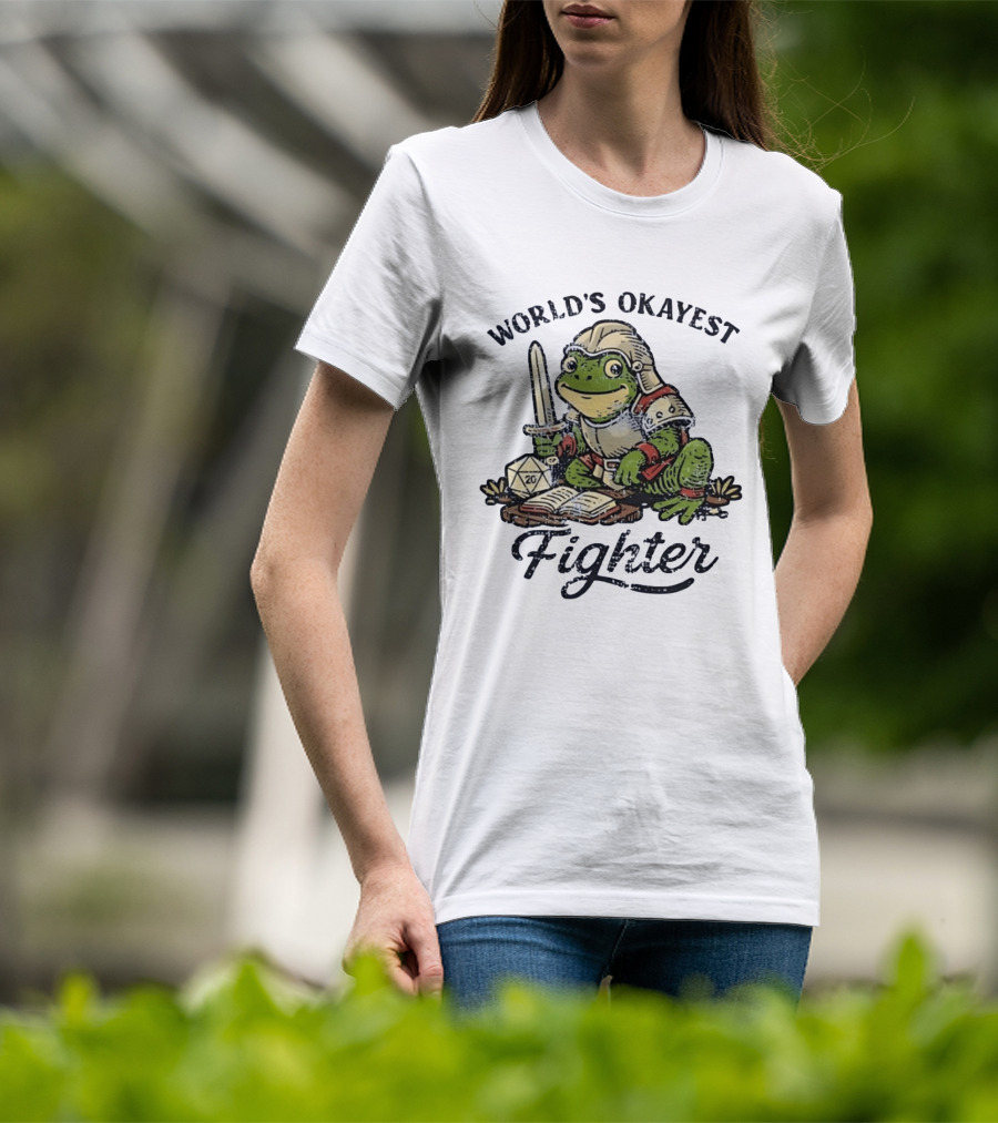 World's Okayest Fighter Frog In Armor With D20 Dice And Sword T-Shirt