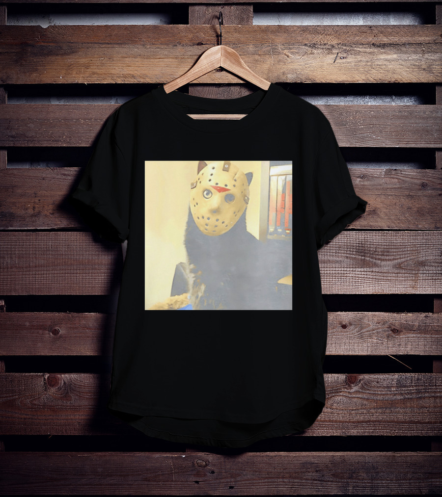 Black Cat In Horror Movie Jason Voorhees Mask T-Shirt