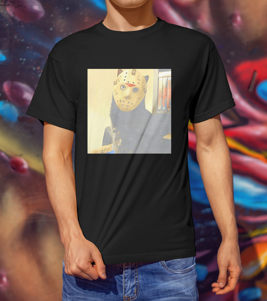 Black Cat In Horror Movie Jason Voorhees Mask T-Shirt
