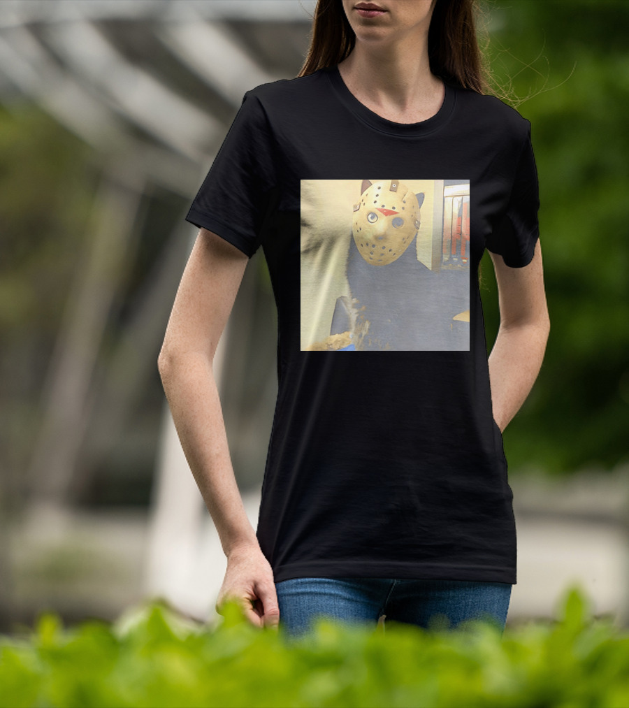 Black Cat In Horror Movie Jason Voorhees Mask T-Shirt