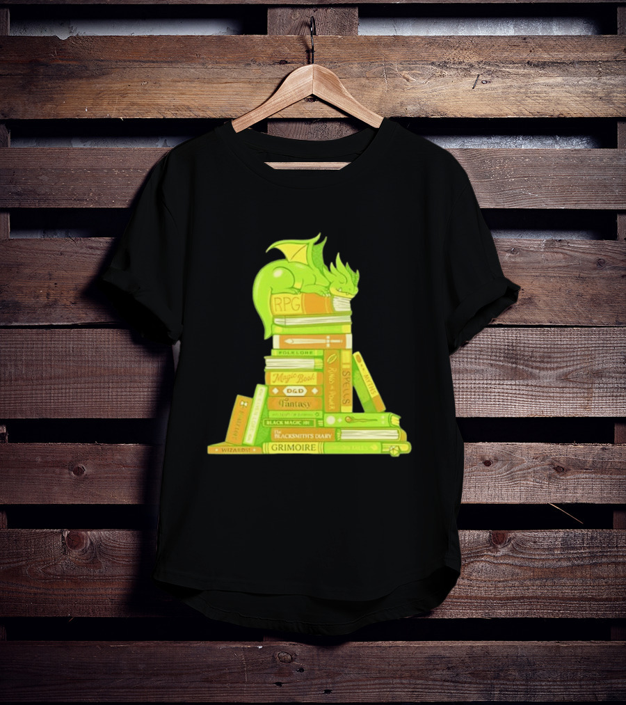 Sleeping Dragon On RPG Fantasy Magic Book Stack Grimoire Wizardry Tales T-Shirt