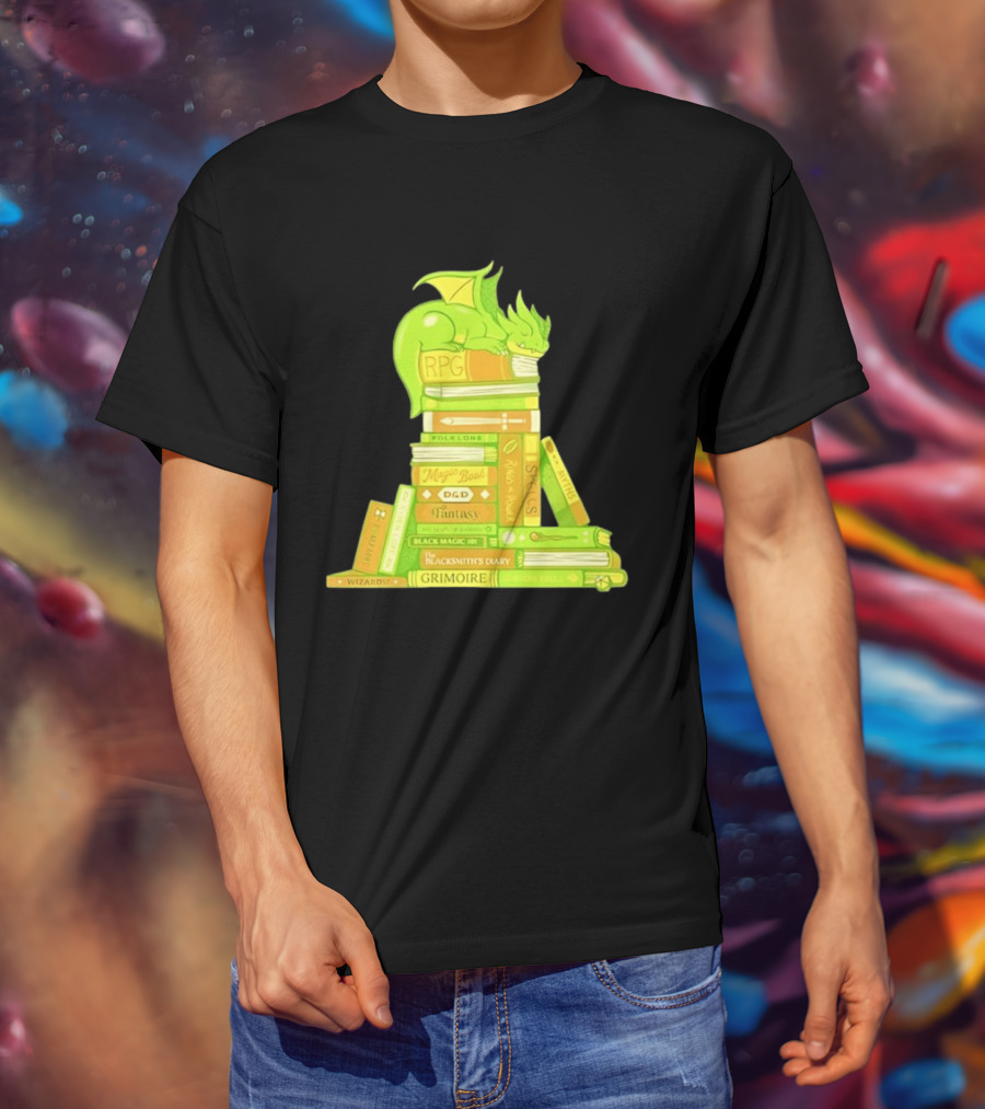 Sleeping Dragon On RPG Fantasy Magic Book Stack Grimoire Wizardry Tales T-Shirt