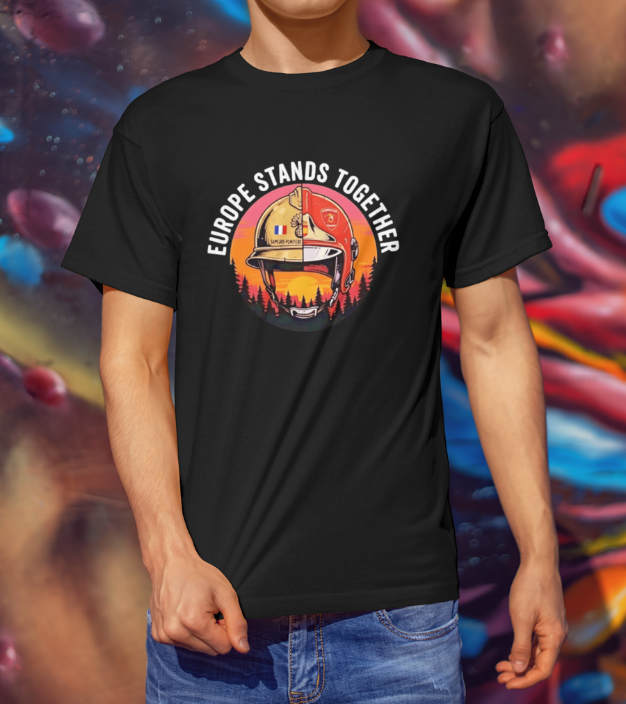 Europe Stands Together Sapeurs Pompiers Bomberos Espana Firefighter Helmet Forest Sunset T-Shirt
