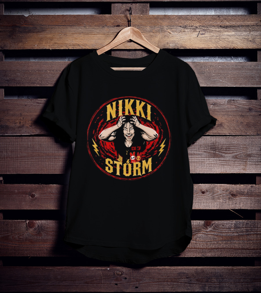 Nikki Stürm Wrestling Character With Lightning Bolts And Red Spiral T-Shirt