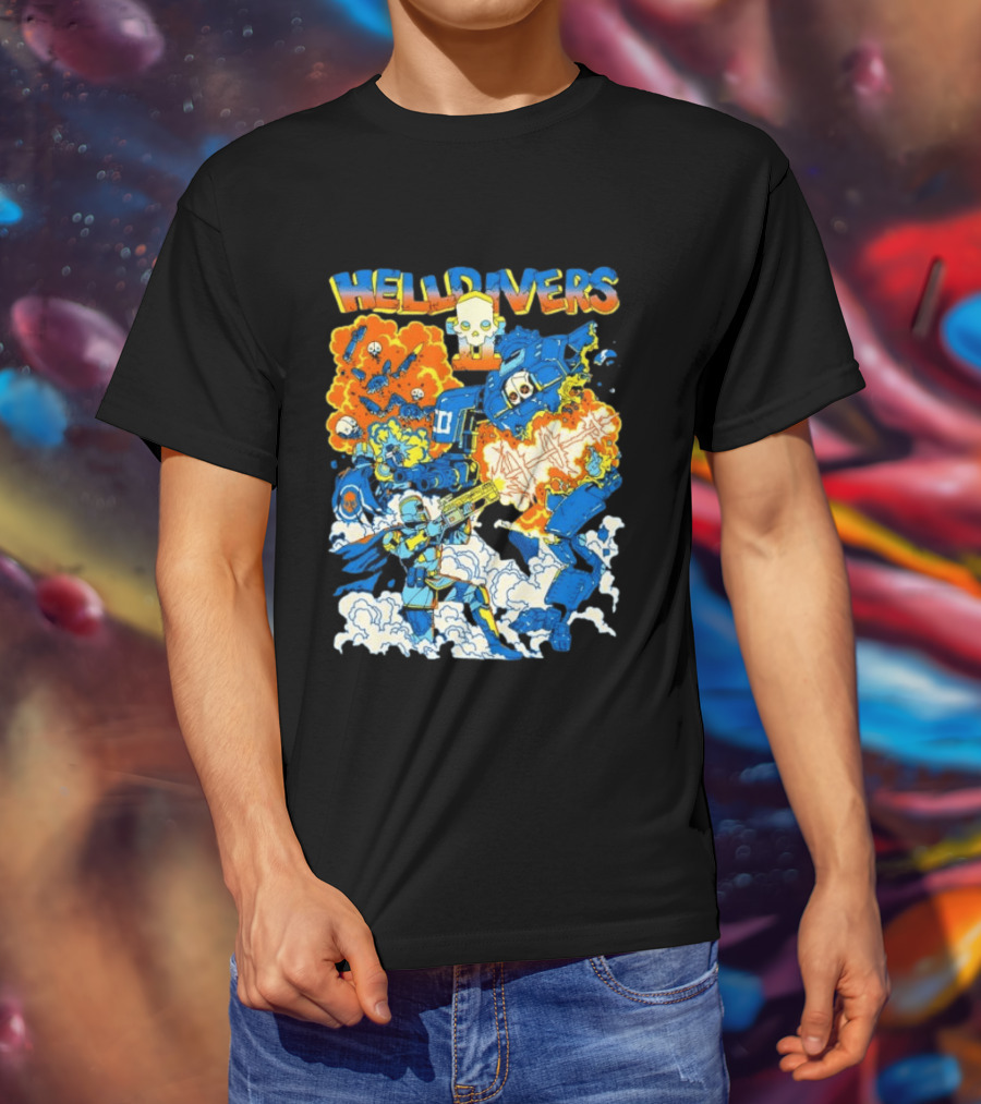Helldivers Super Earth Soldier Combat Action Explosive Battle Scene T-Shirt